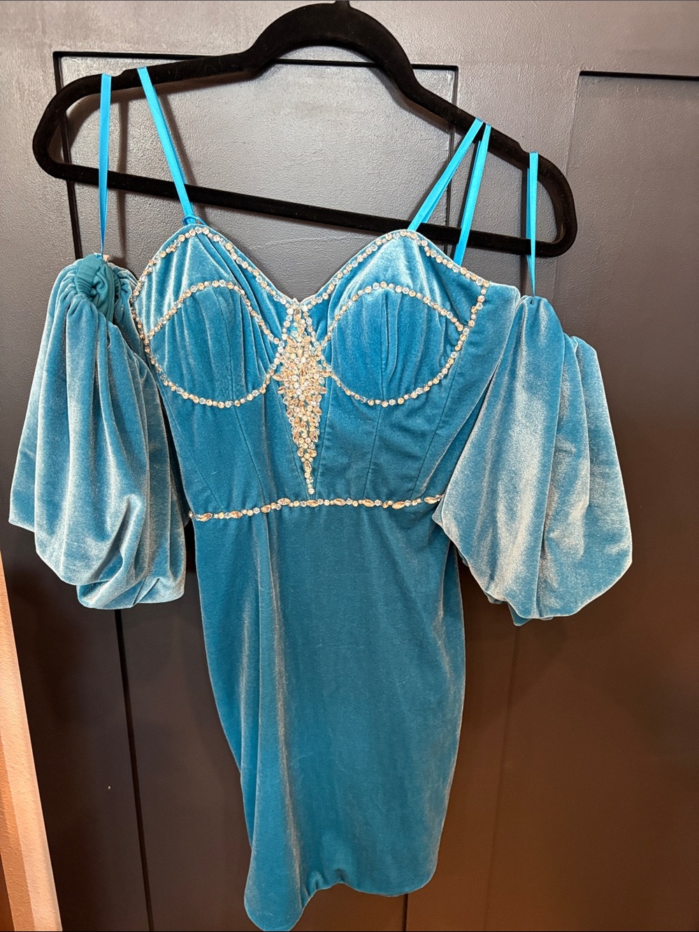 649. Ashley Lauren Velvet Teal Off-Shoulder Mini Dress with Embellished Bodice